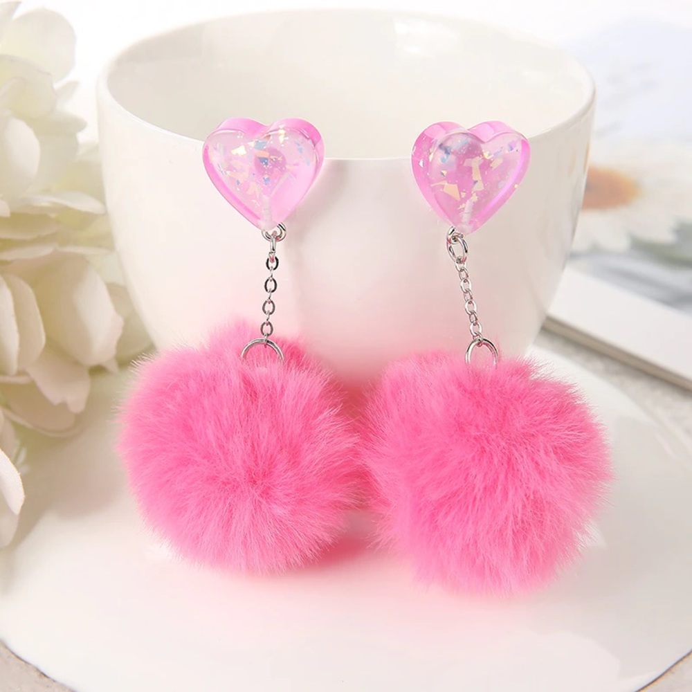 Pink Y2K Earrings With Pink Fluffy Heart - 90s’ Jewelry NWT - Picture 2 of 3
